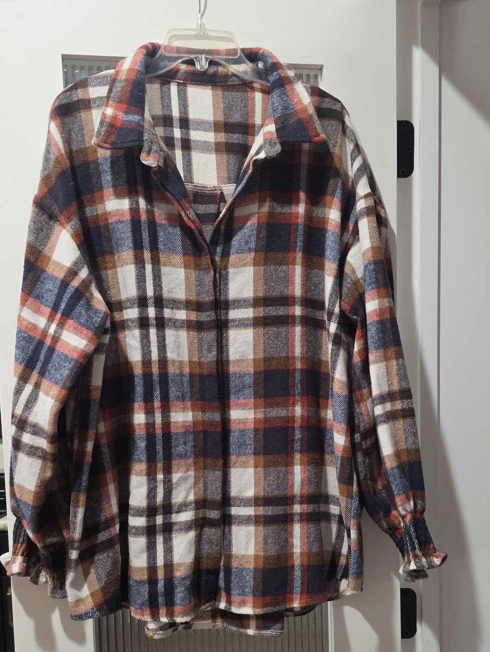 SHEIN Navy Blue Brown Cream Plaid Button-Front Shirt Sweater